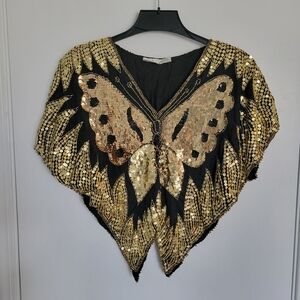 Vintage All Over Sequin Butterfly Silk Top Women's Shoulder Pads